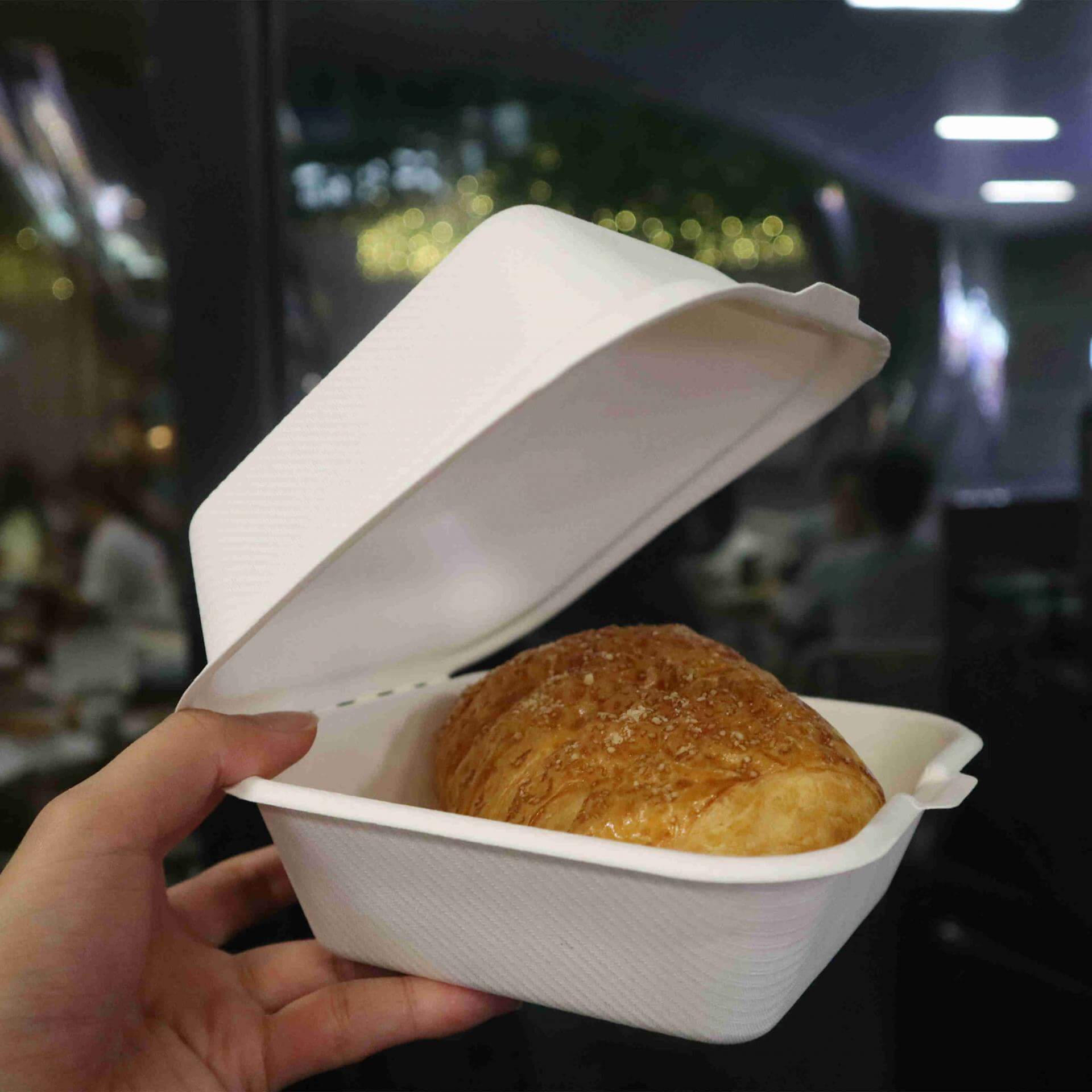 Sugarcane bagasse takeaway boxes for hamburger from GREENOLIVE