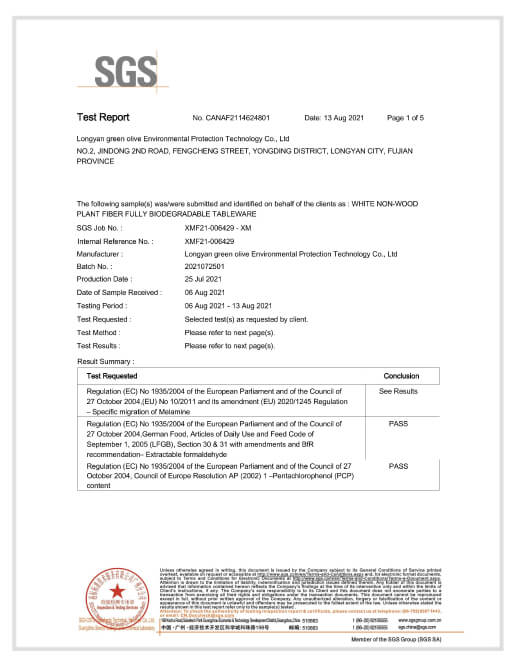 Formaldehyde, PCP & Melamine free Test Report