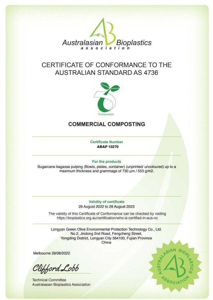 ABA  Commercial Composting Certificate of conformance to the Australian standard